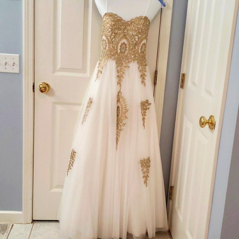 Say Yes to the Prom - elegant white ball gown with gold embellishments